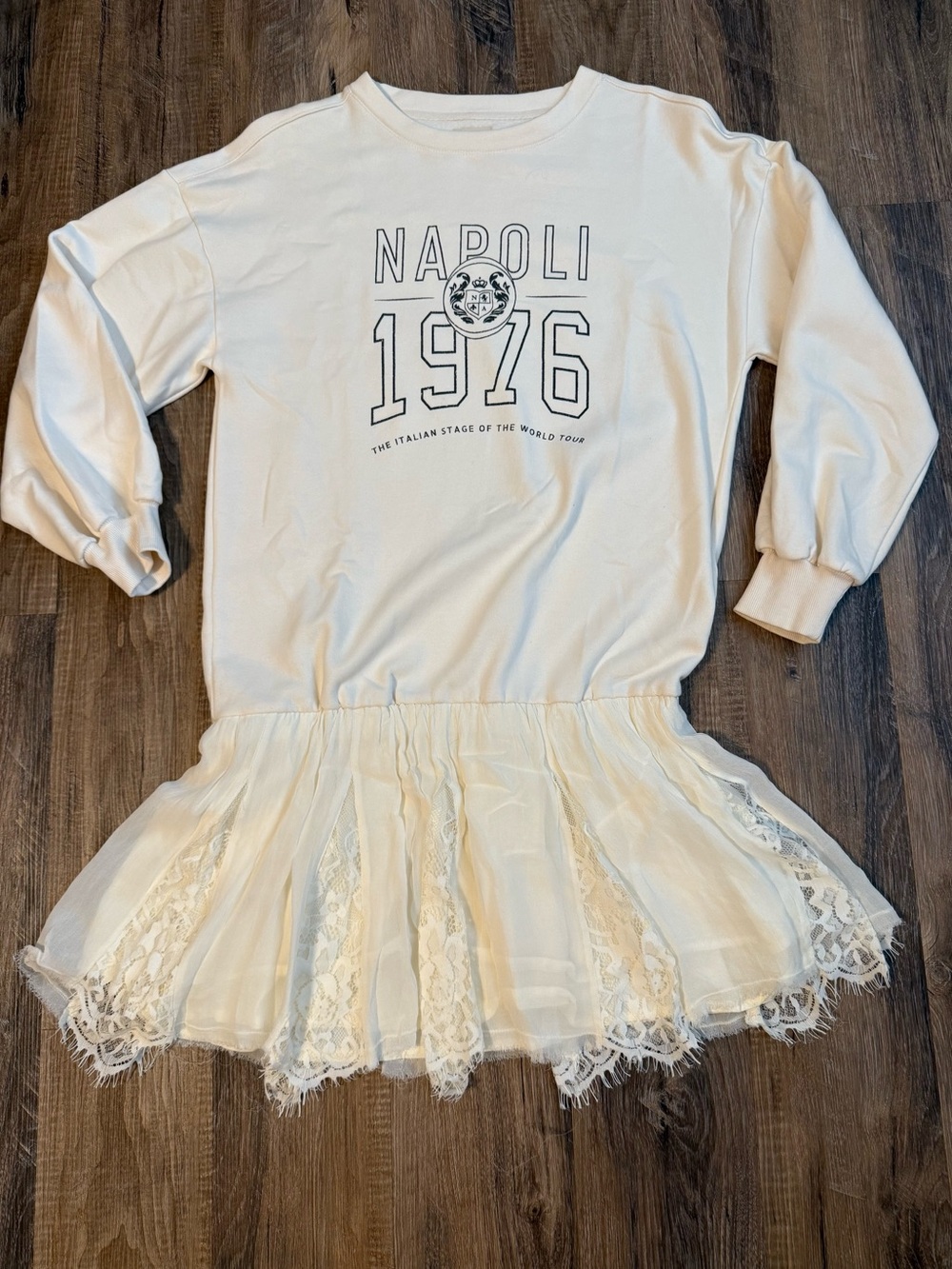 Pilcro-Anthropologie 1976 Cream Lace Hem Sweatshirt Dress